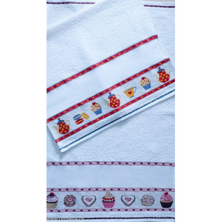 Ricami, Linge éponge blanc avec bordure Cupcakes et biscuits (CU00385BIS)